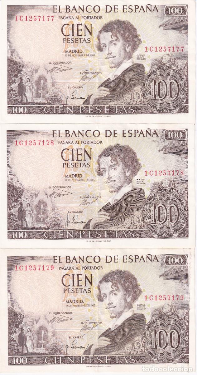 Notas espanholas: TRIO CORRELATIVO DE 100 PESETAS DEL A&Ntilde;O 1965 SERIE 1C CALIDAD EBC (BECQUER)