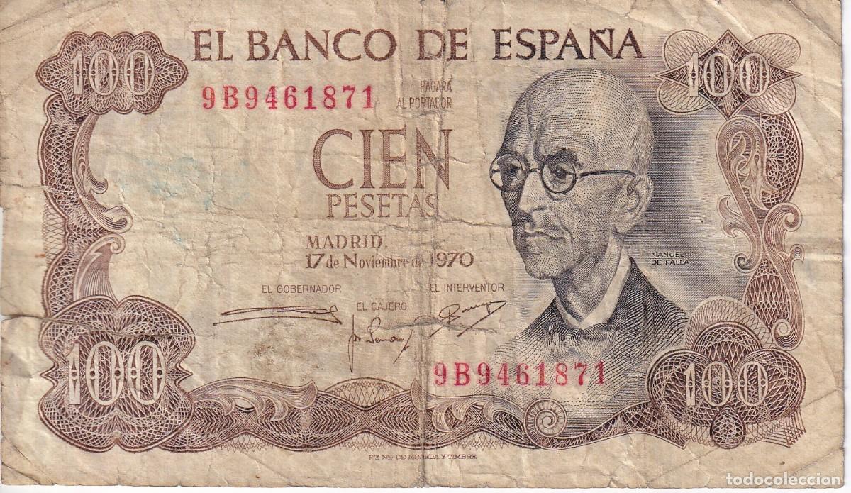Notas espanholas: BILLETE DE 100 PESETAS DEL A&Ntilde;O 1970 SERIE 9B (SERIE SUSTITUCION) MANUEL DE FALLA