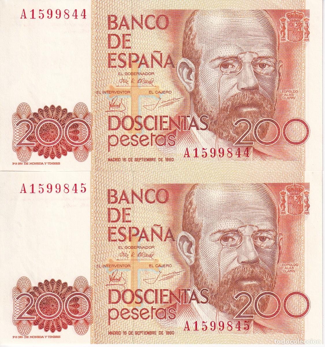 Spanish Banknotes: PAREJA CORRELATIVA DE 200 PESETAS DEL A&Ntilde;O 1980 SERIE A SIN CIRCULAR (SC) (ALAS CLARIN)
