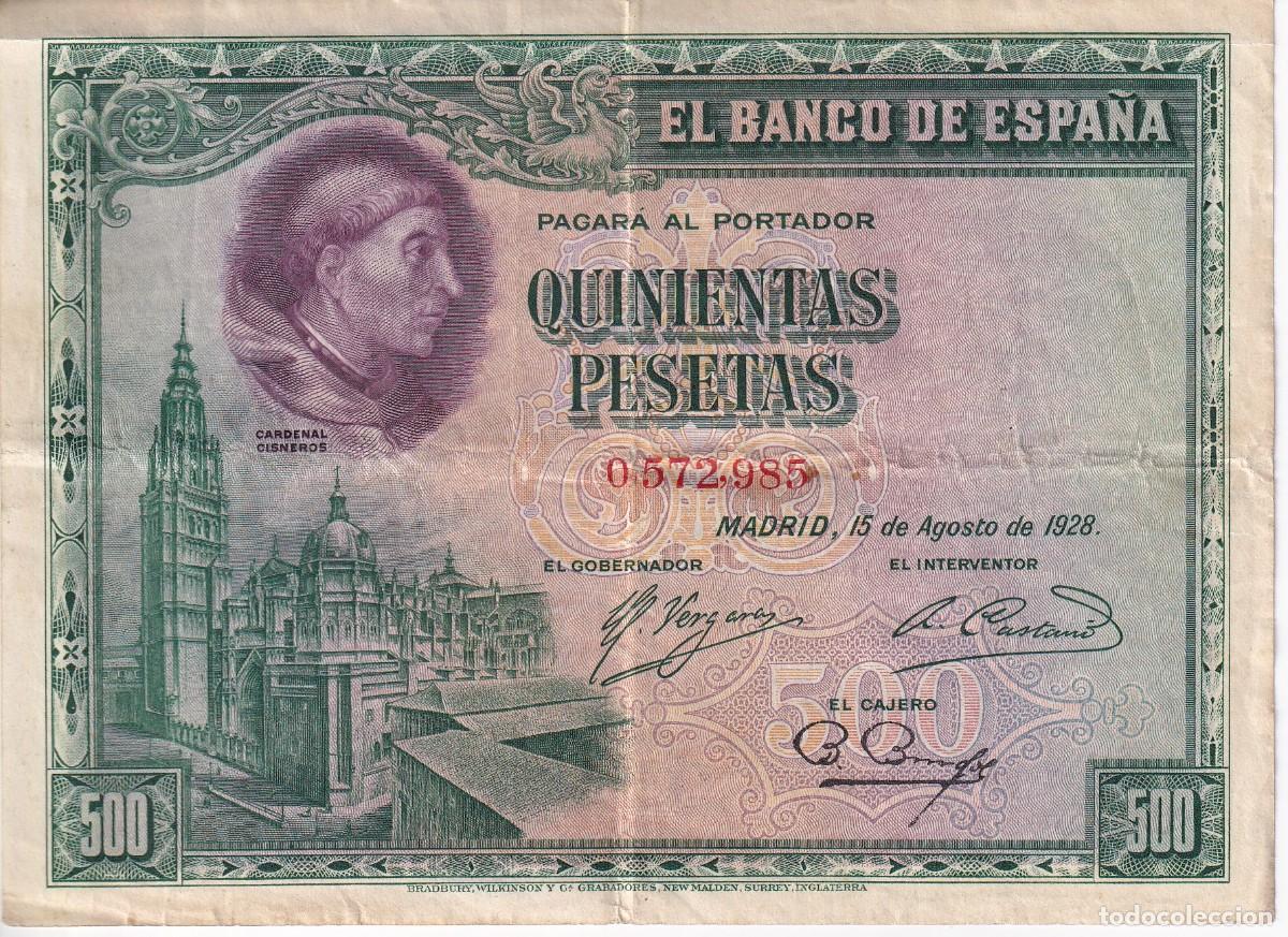 Banconote spagnole: BILLETE DE 500 PESETAS DEL A&Ntilde;O 1928 DEL CARDENAL CISNEROS
