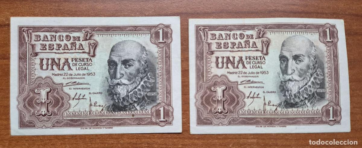 Billetes espa&ntilde;oles: ESPA&Ntilde;A. Lote 2 billetes 1 peseta 1953. Excelente estado