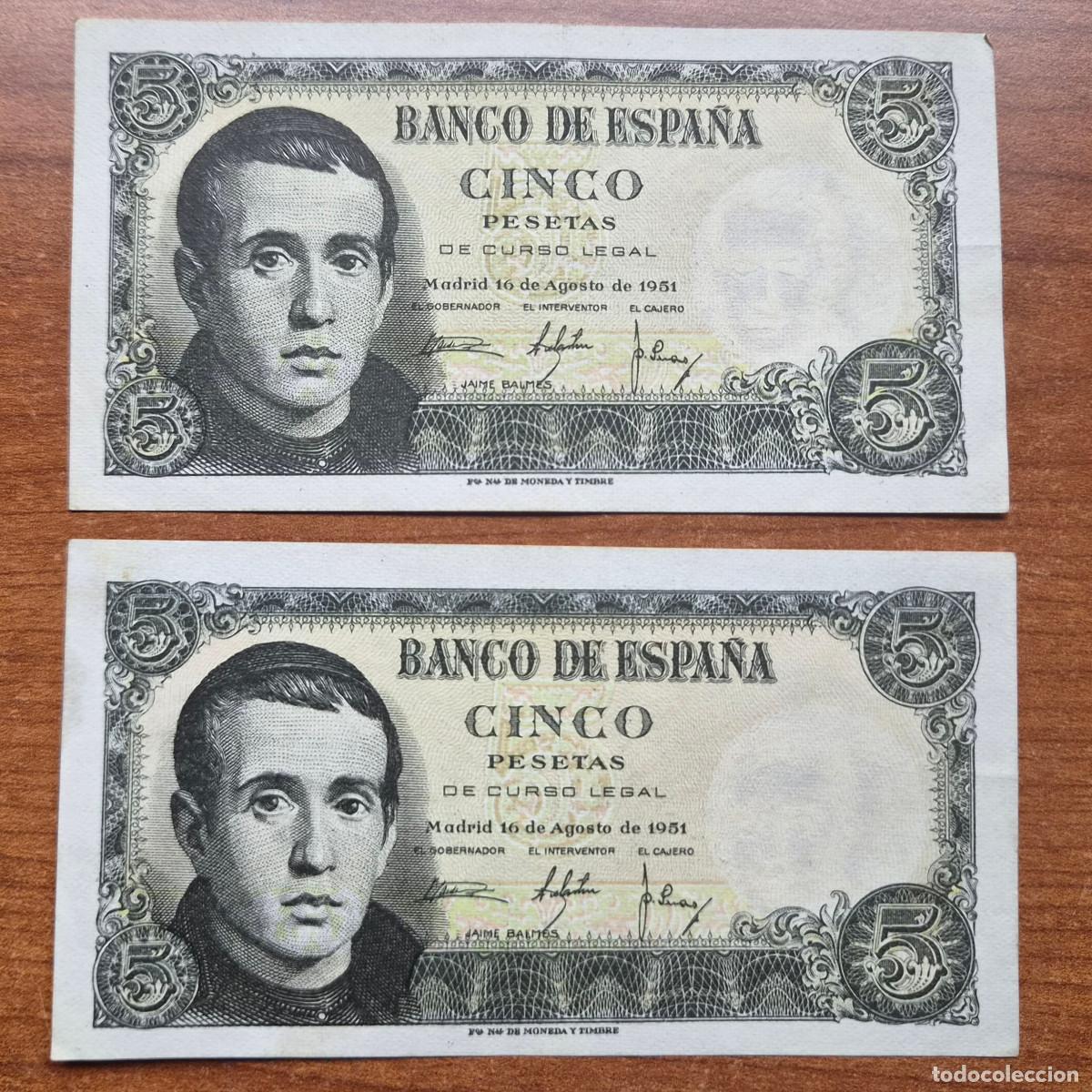 Billetes espa&ntilde;oles: ESPA&Ntilde;A. Lote 2 billetes 5 pesetas 1951. Excelente estado