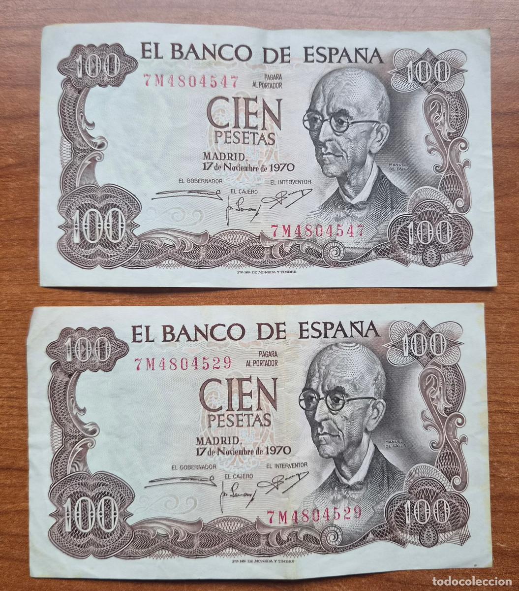 Billetes espa&ntilde;oles: ESPA&Ntilde;A. Lote 2 Billetes 100 pesetas 1970. Bonitos