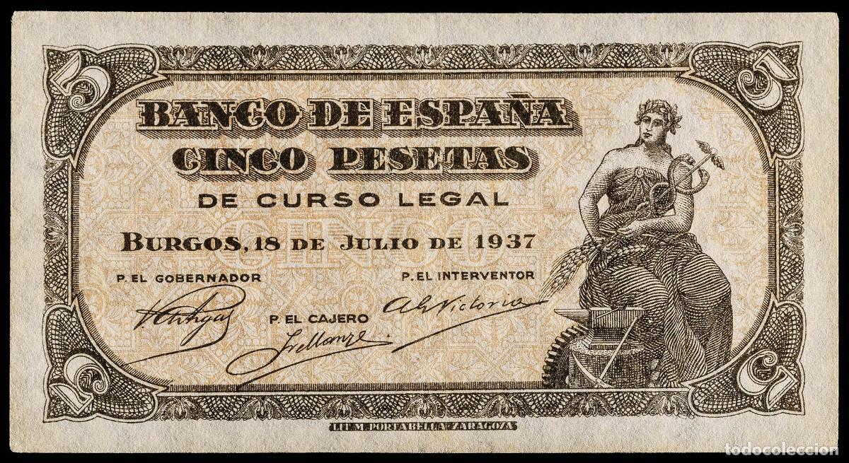 Billetes espa&ntilde;oles: 5 PESETAS 1937 SIN SERIE EBC