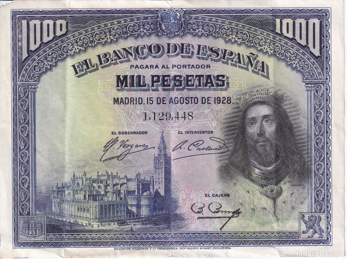 Notas espanholas: BILLETE DE ESPA&Ntilde;A DE 1000 PESETAS DEL A&Ntilde;O 1928 DE SAN FERNANDO (esquina rota)