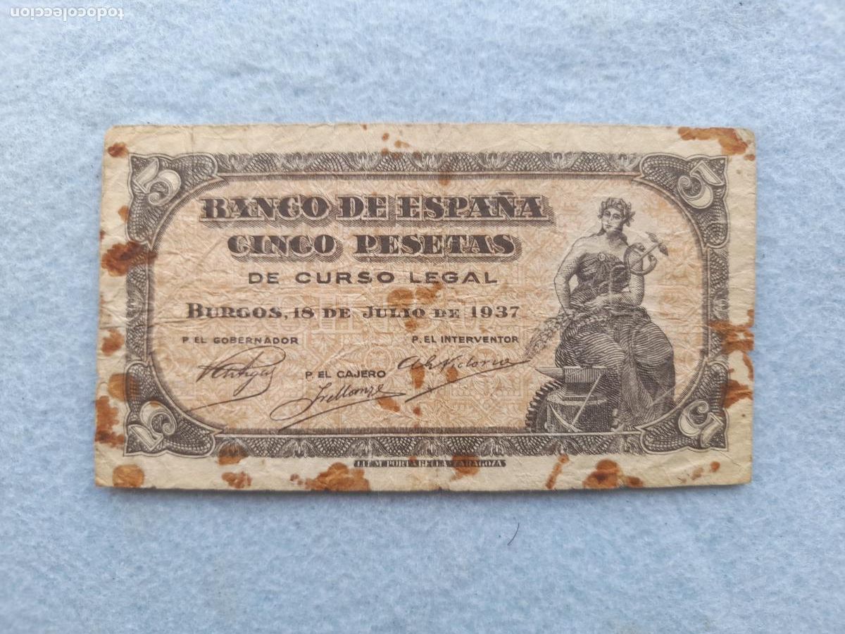 Billets espagnols: Estado Espa&ntilde;ol. 5 Pesetas. Burgos, 18 de Julio de 1937.
