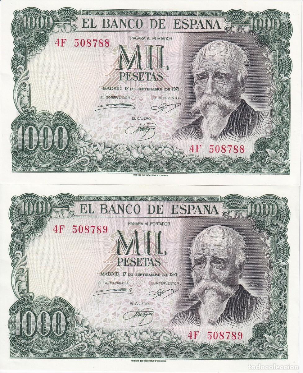 Banconote spagnole: PAREJA CORRELATIVA DE 1000 PESETAS DEL A&Ntilde;O 1971 DE JOSE ECHEGARAY SERIE 4F SIN CIRCULAR (SC)
