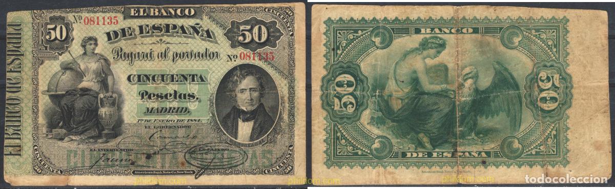 Billetes espa&ntilde;oles: 9140 ESPA&Ntilde;A 1884 ESPA&Ntilde;A 50 PESETAS 1 DE ENERO 1884