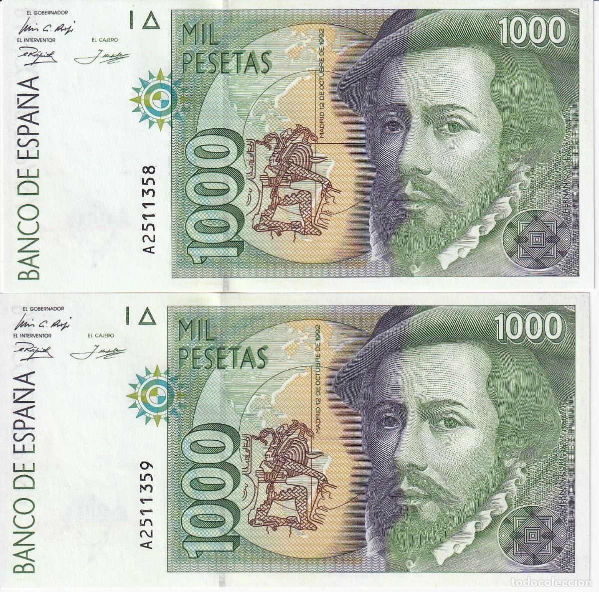 Notas espanholas: PAREJA CORRELATIVA DE 1000 PESETAS DEL A&Ntilde;O 1992 DE HERNAN CORTES SERIE A SIN CIRCULAR (SC)