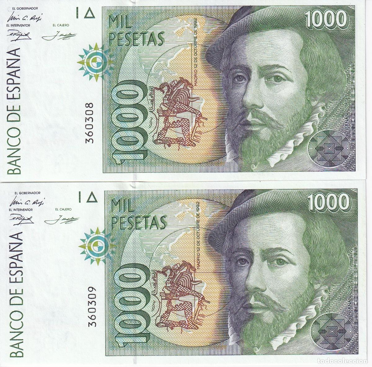 Notas espanholas: PAREJA CORRELATIVA DE 1000 PESETAS DEL A&Ntilde;O 1992 DE HERNAN CORTES SIN SERIE SIN CIRCULAR (SC)