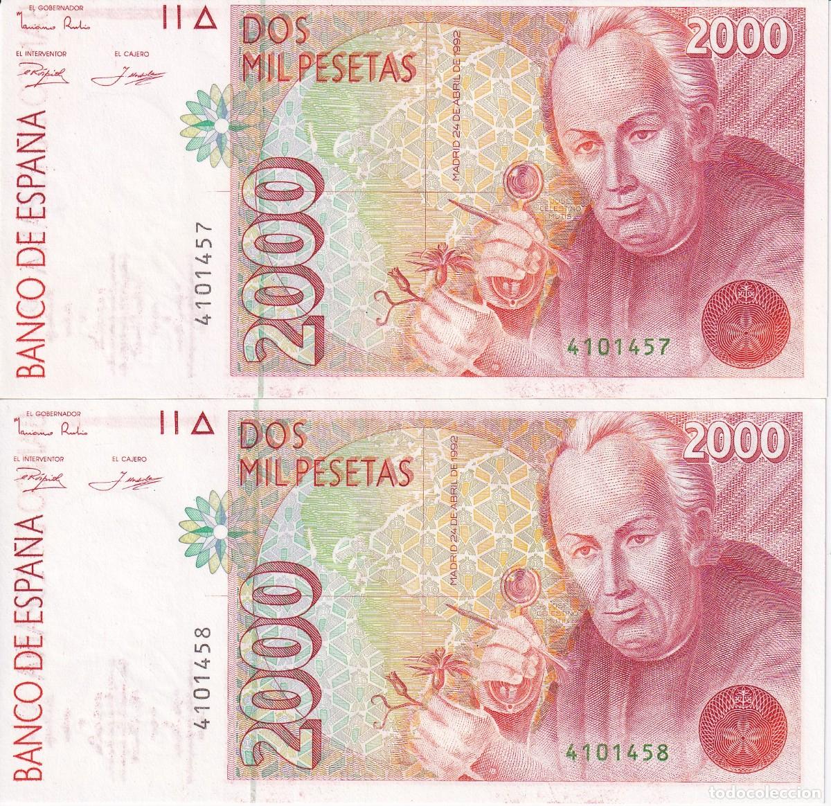 Spanish Banknotes: PAREJA CORRELATIVA DE ESPA&Ntilde;A DE 2000 PTAS DEL 24/04/1992 SIN SERIE, SIN CIRCULAR (SC)