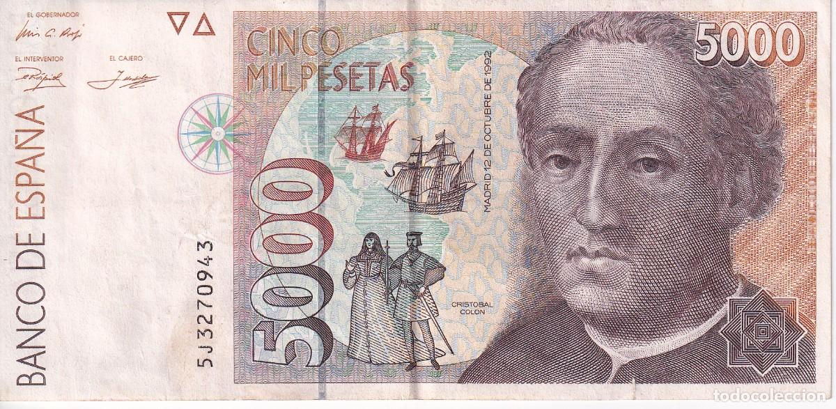 Notas espanholas: BILLETE DE ESPA&Ntilde;A DE 5000 PESETAS DEL A&Ntilde;O 1992 SERIE 5J - CRISTOBAL COLON