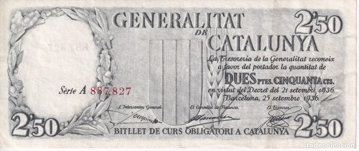 Billets espagnols: BILLETE DE 2,50 PESETAS DE LA GENERALITAT DE CATALUNYA DEL A&Ntilde;O 1936 NUMEROS ROJOS
