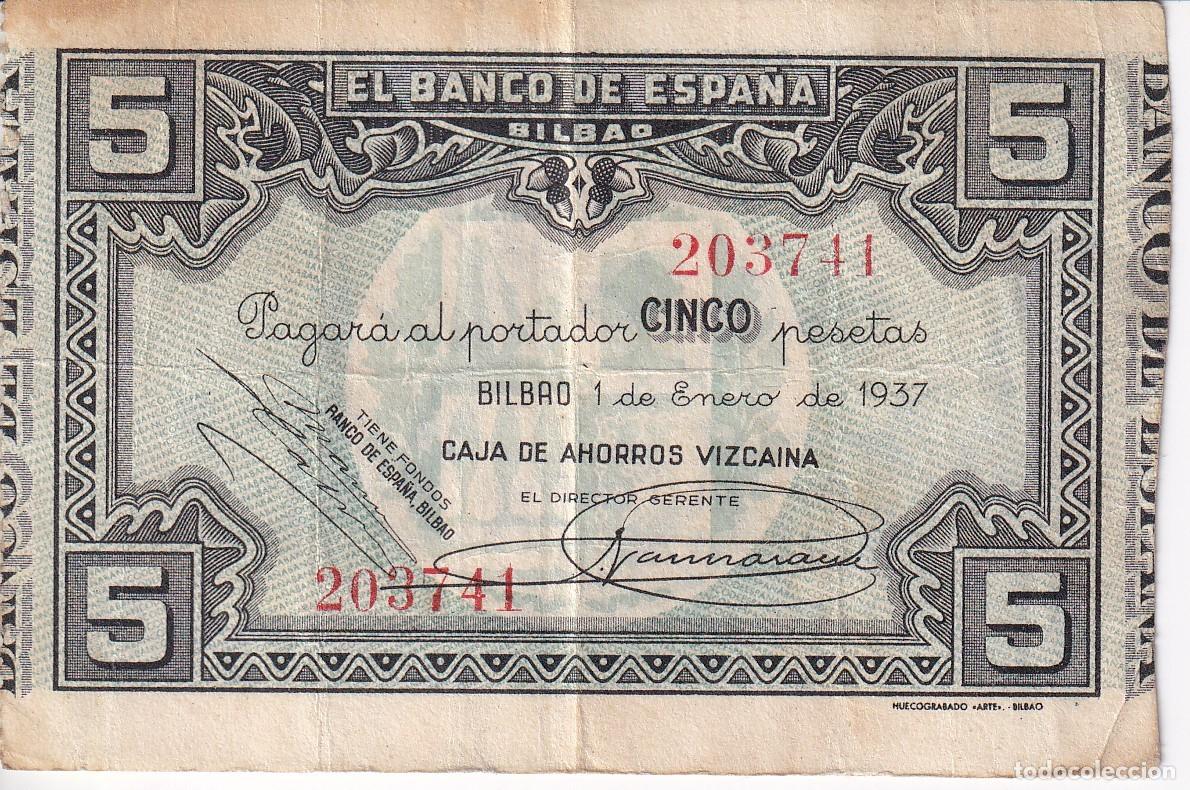 Notas espanholas: BILLETE DE 5 PESETAS DEL BANCO DE ESPA&Ntilde;A-BILBAO DEL A&Ntilde;O 1937 (CAJA AHORROS VIZCAINA)