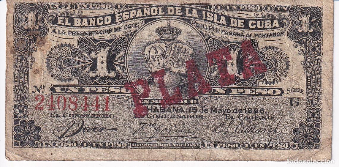 Notas espanholas: BILLETE DEL BANCO ESPA&Ntilde;OL EN LA ISLA DE CUBA DE 1 PESO DEL A&Ntilde;O 1896 CERTIFICADO PLATA (RARO)
