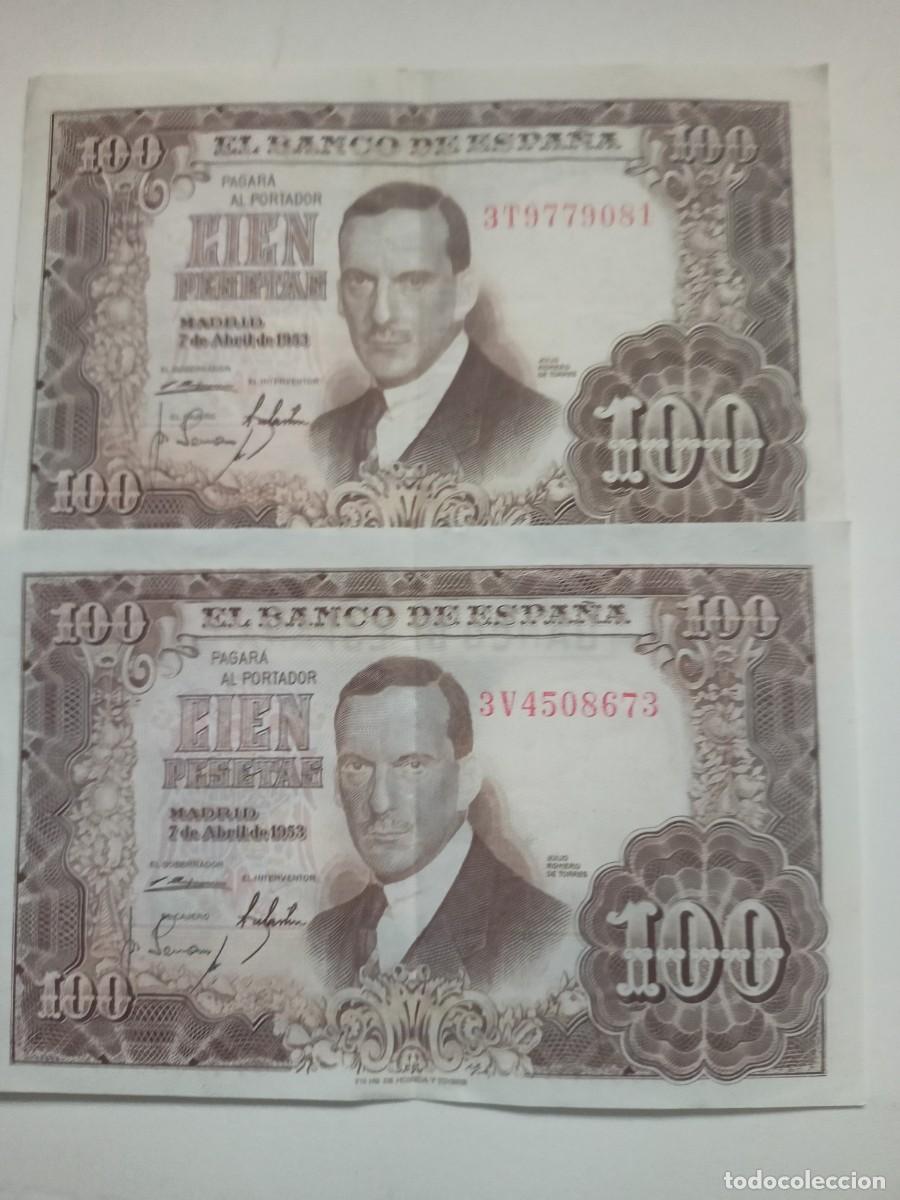 Billetes espa&ntilde;oles: DOS BILLETES ESPA&Ntilde;OLES DE 100 PESETAS DE JULIO ROMERO DE TORRES A&Ntilde;O 1953