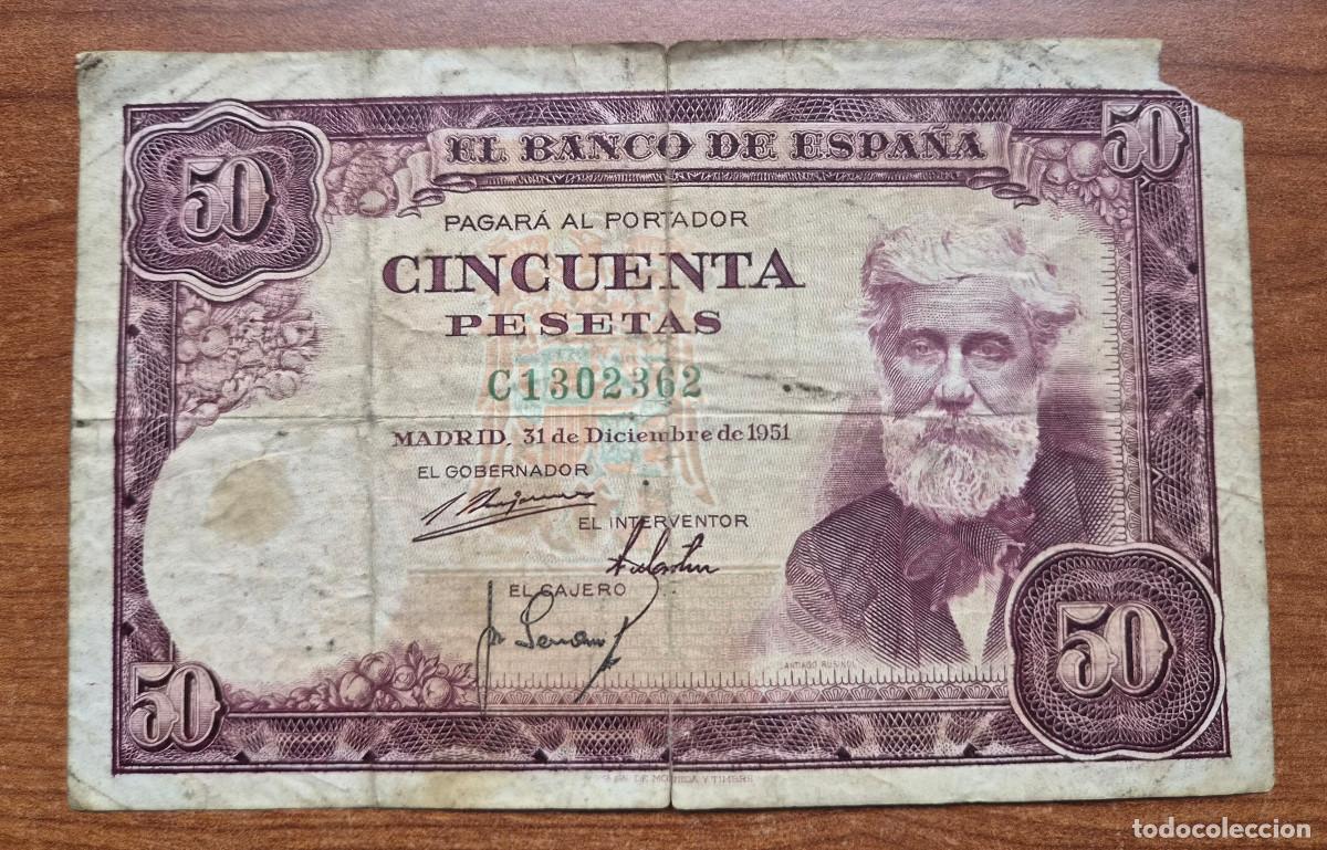 Billetes espa&ntilde;oles: ESPA&Ntilde;A. Billete 50 pesetas 1951. Falta de material. Rusi&ntilde;ol