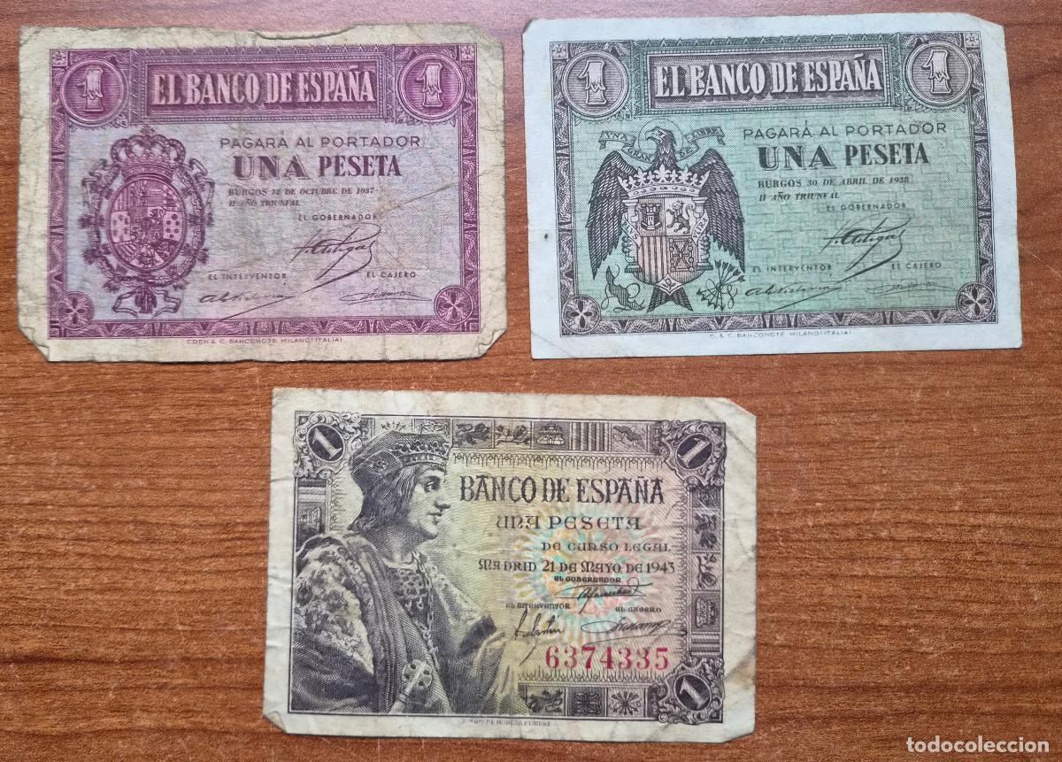 Billetes espa&ntilde;oles: Lote 3 billetes. Espa&ntilde;a. 1 peseta. A&ntilde;os: 1937 / 1938 / 1943