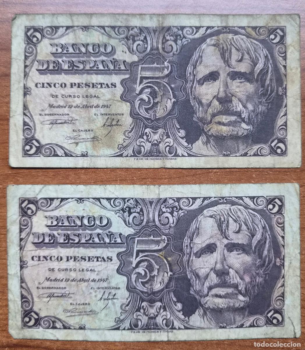 Billetes espa&ntilde;oles: ESPA&Ntilde;A. Lote 2 billetes 5 pesetas 1947. Sin serie y Serie D. S&Eacute;NECA