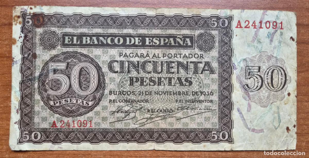 Billetes espa&ntilde;oles: ESPA&Ntilde;A. BURGOS. Billete 50 pesetas 1936. Oxidaciones. Serie A