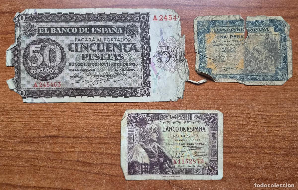 Billetes espa&ntilde;oles: Lote 3 billetes. Espa&ntilde;a. 1936 / 1940 / 1945. Roturas