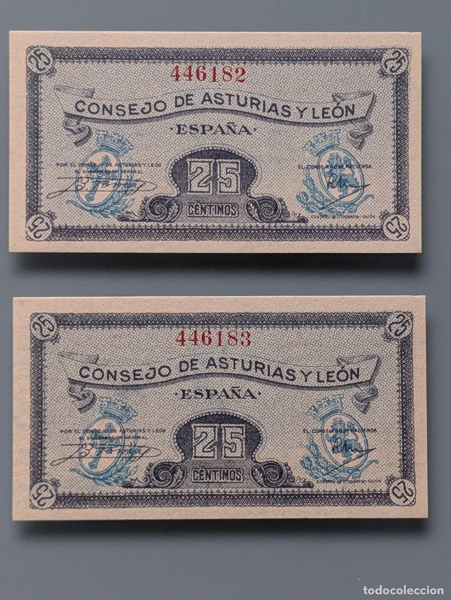 Billetes espa&ntilde;oles: 2 BILLETES CORRELATIVOS 25 CENTIMOS CONSEJO ASTURIAS Y LEON 1936 REPUBLICA PLANCHA S/C GIJON OVIEDO