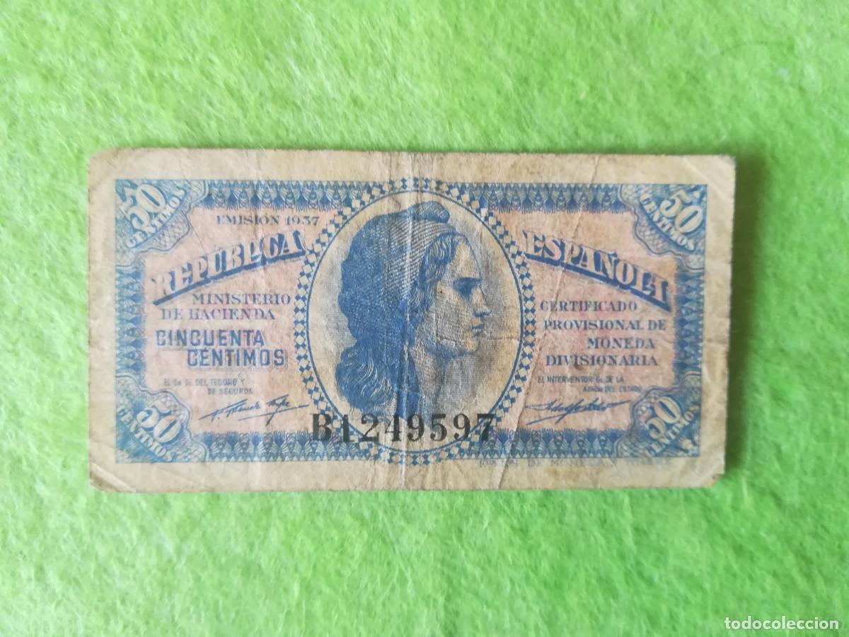 Billetes espa&ntilde;oles: Billete antiguo 50 centimos 1937 republica espa&ntilde;ola certificado provisional de moneda dineraria