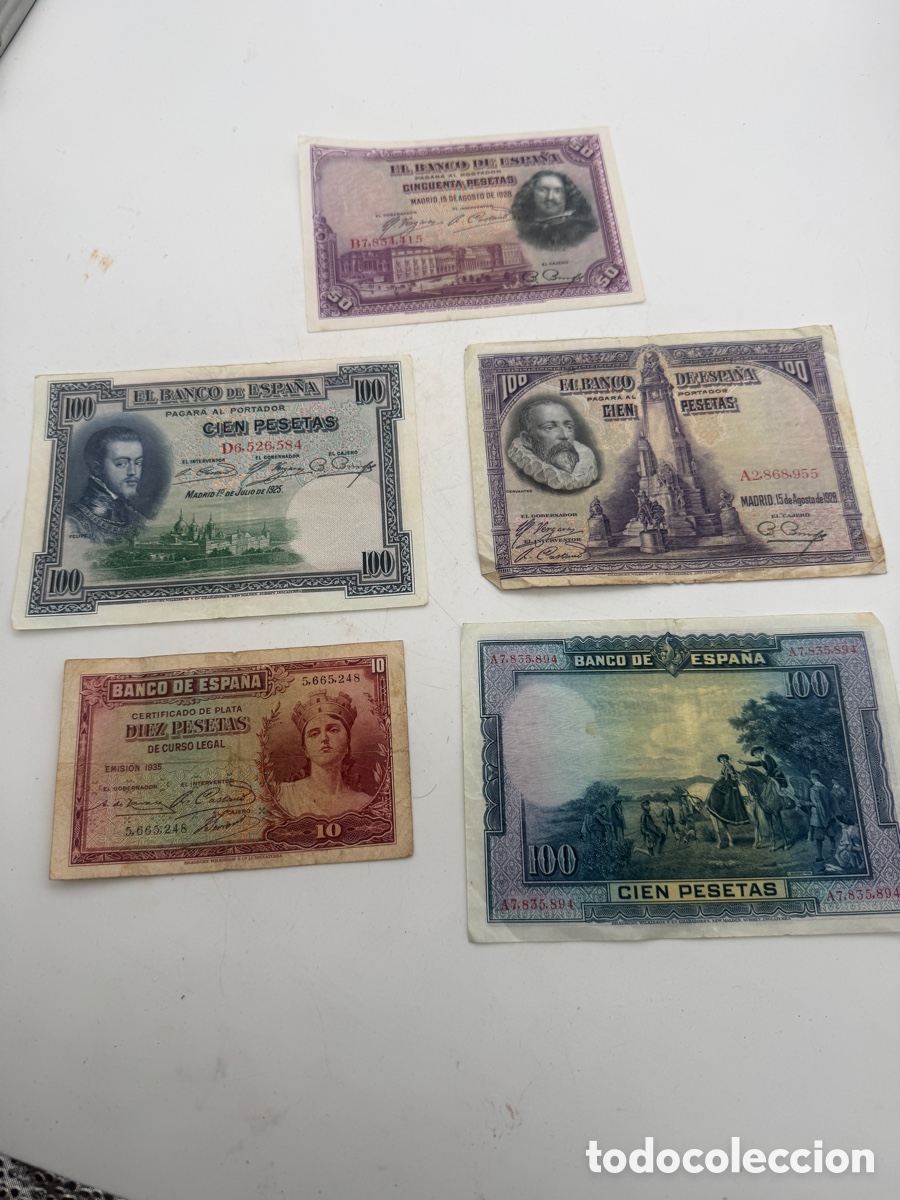 Spanish Banknotes: Lote de 5 billetes antiguos de Espa&ntilde;a &ndash; 10, 50 y 100 pesetas &ndash; 1925 a 1935
