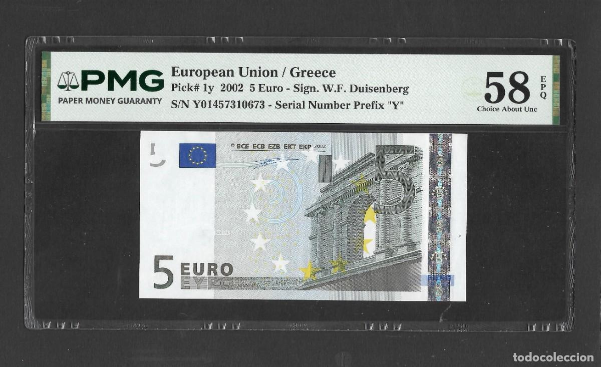 Billetes espa&ntilde;oles: 5 EUROS 2002 PREFIJO Y FIRMA DUISENBERG CERTIFICADO PMG58 EPQ