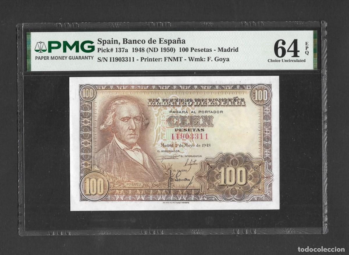 Billetes espa&ntilde;oles: 100 PESETAS 1948 SERIE I ULTIMA SERIE CERTIFICADO PMG64 EPQ
