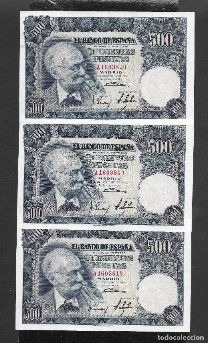 Billetes espa&ntilde;oles: TRIO CORRELATIVO 500 PESETAS 1951 SERIE A S/C-