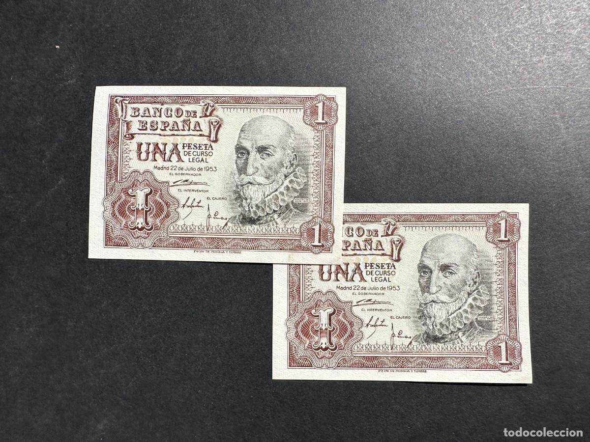 Notas espanholas: PAREJA CORRELATIVA - 1 Peseta - 20 JULIO 1953 - SERIE B - MARQUES DE SANTA CRUZ