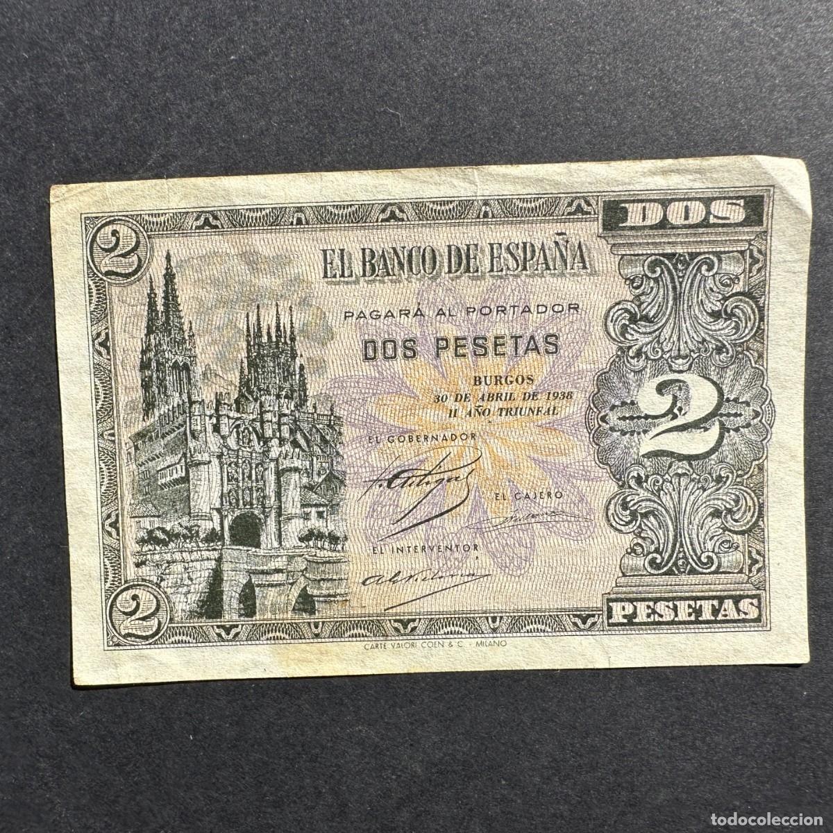 Notas espanholas: BILLETE ESPA&Ntilde;A - 2 Pesetas - 30 ABRIL 1938 - SERIE E - BURGOS