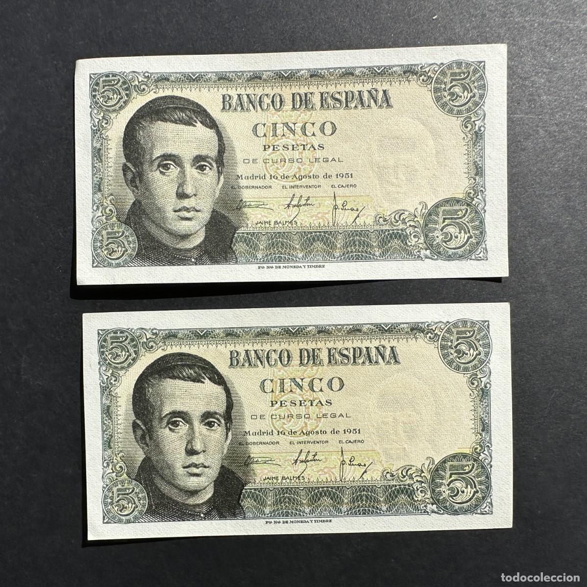 Billets espagnols: PAREJA CORRELATIVA - 5 Pesetas - 16 AGOSTO 1951 - SERIE X - BALMES