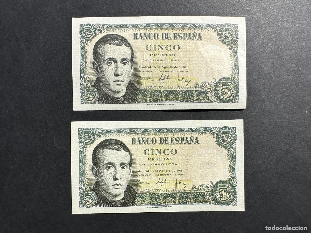 Notas espanholas: PAREJA CORRELATIVA - 5 Pesetas - 16 AGOSTO 1951 - SERIE Q - BALMES