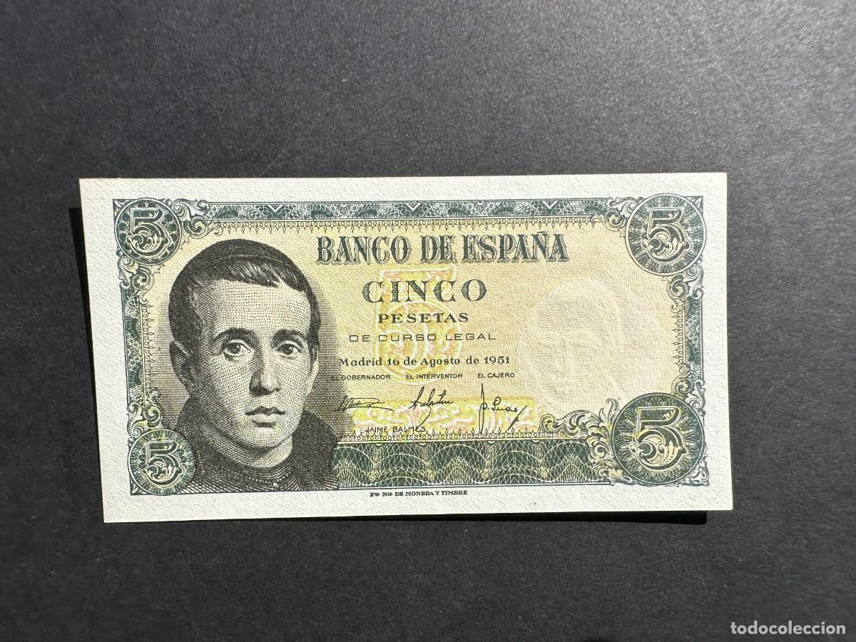 Notas espanholas: BILLETE ESPA&Ntilde;A - 5 Pesetas - 16 AGOSTO 1951 - SERIE G - BALMES