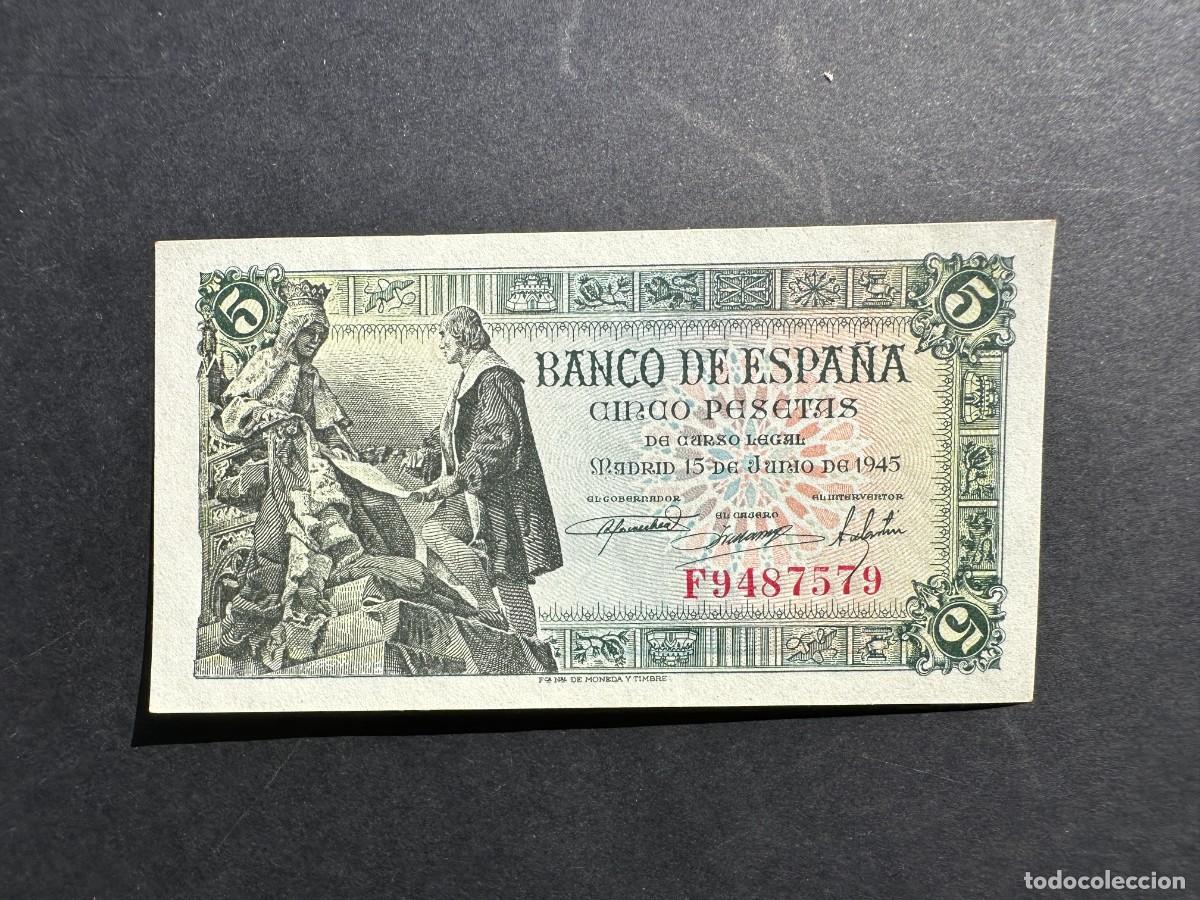 Notas espanholas: BILLETE ESPA&Ntilde;A - 5 Pesetas - 15 JULIO 1956 - SERIE F - ISABEL LA CATOLICA Y COLON