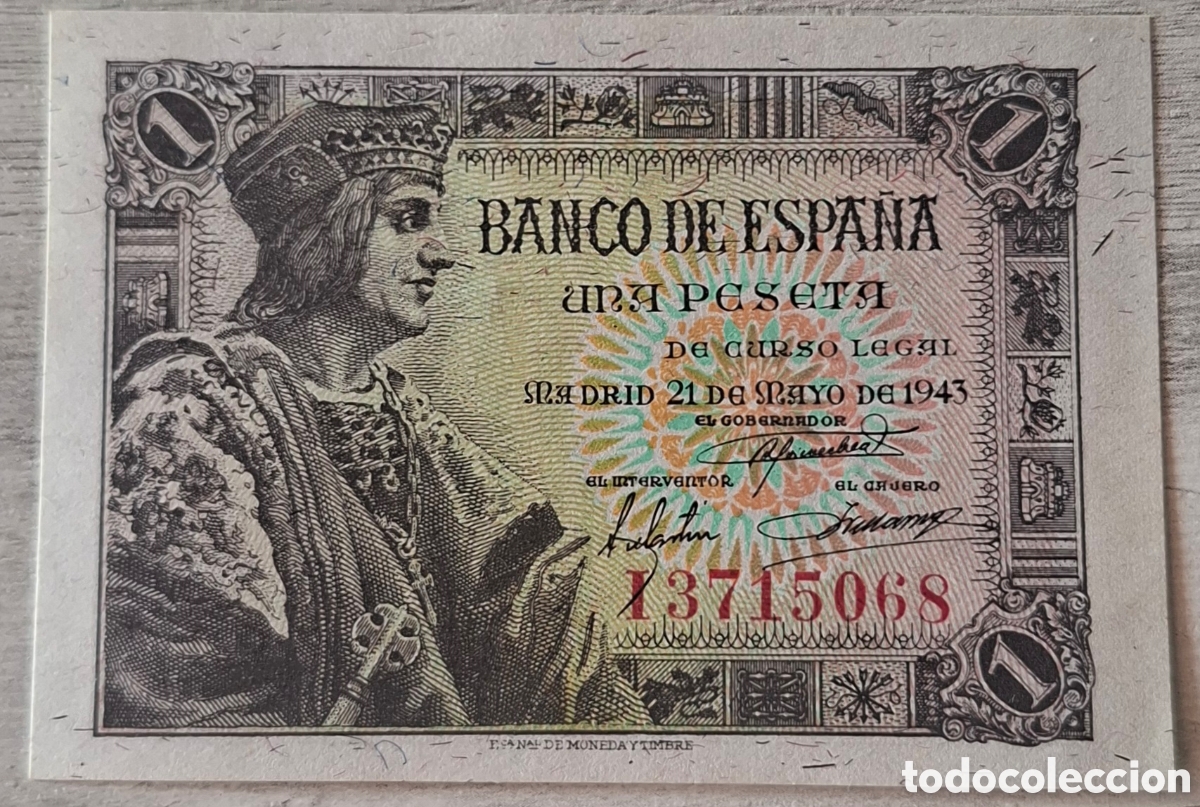 Notas espanholas: Billete de 1 Peseta 1943 - Fernando el Cat&oacute;lico - Serie I - Sin Circular (SC / Plancha)