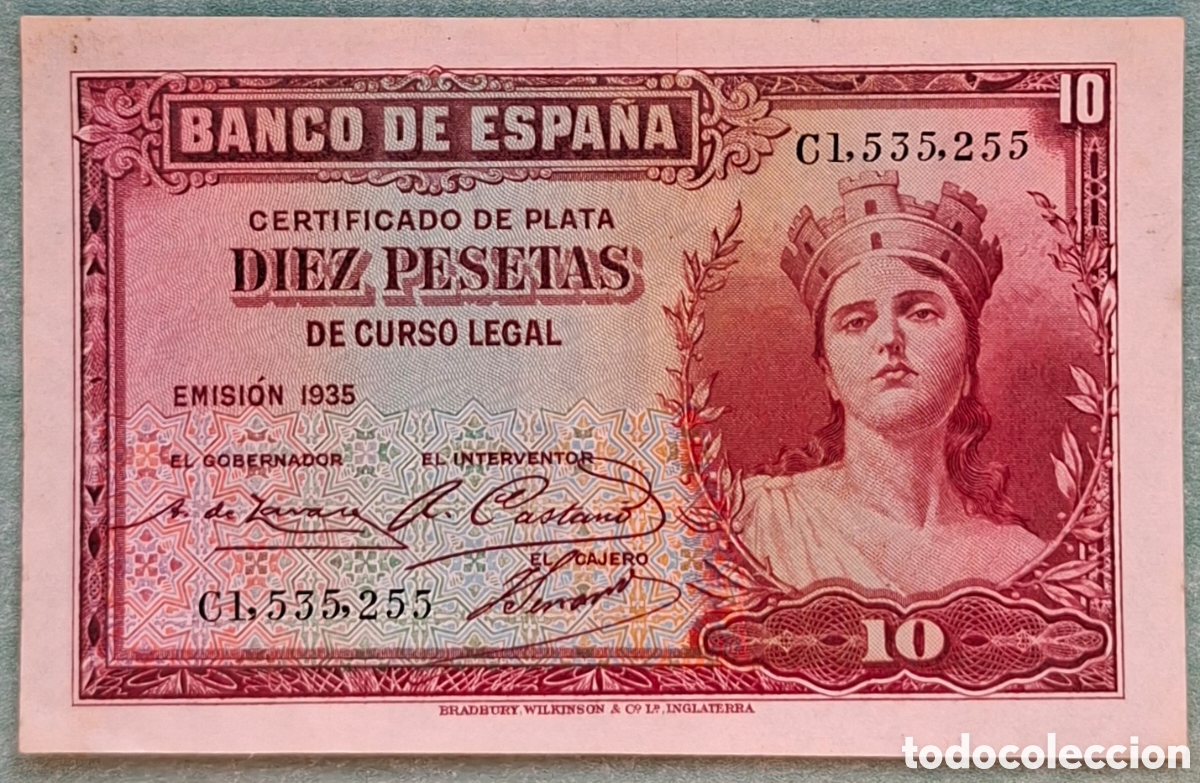 Notas espanholas: Billete de 10 Pesetas 1935 (Certificado de Plata) - II Rep&uacute;blica - Serie C1 - EBC / EBC-
