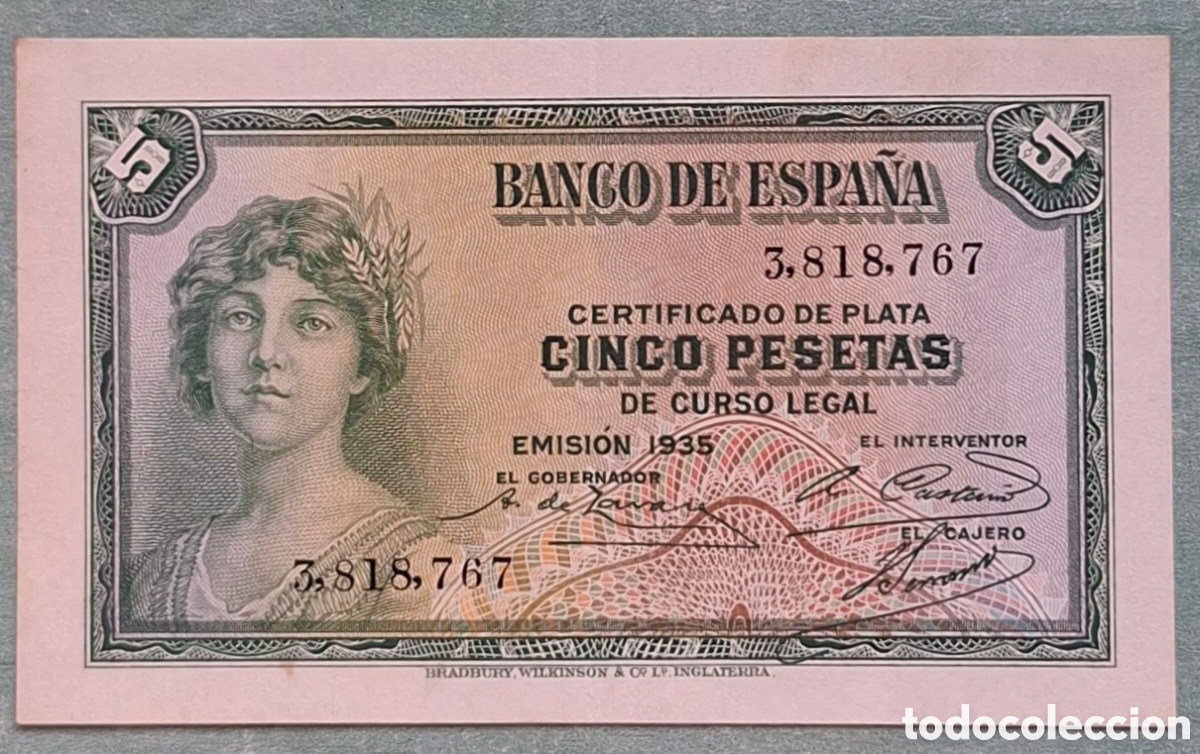 Notas espanholas: Billete de 5 Pesetas 1935 (Certificado de Plata) - II Rep&uacute;blica - Sin Serie - EBC