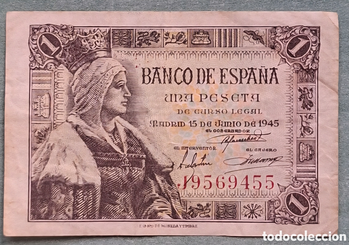 Notas espanholas: Billete de 1 Peseta 1945 - Isabel la Cat&oacute;lica - Serie J - MBC (Muy Buena Conservaci&oacute;n)