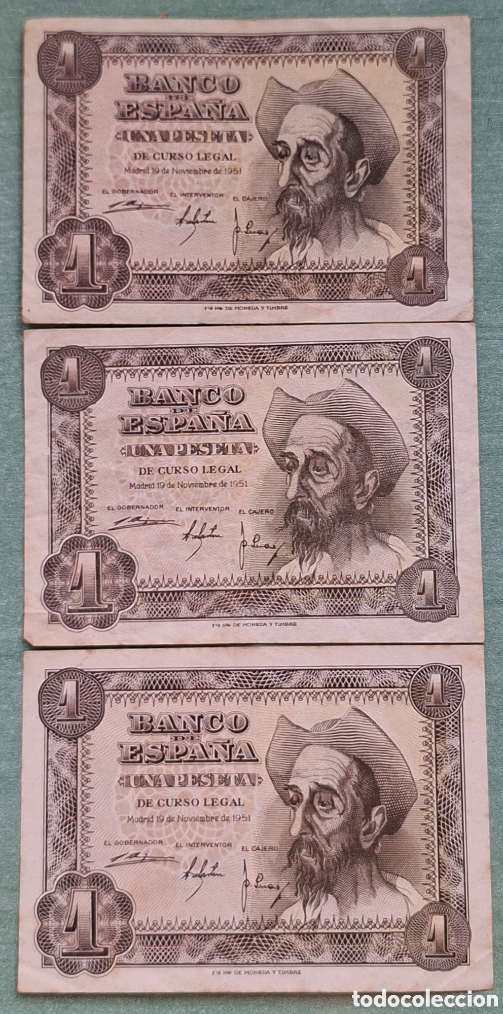 Notas espanholas: Lote de 3 Billetes de 1 Peseta 1951 - Don Quijote de la Mancha - Series E, L y Q - MBC / MBC+