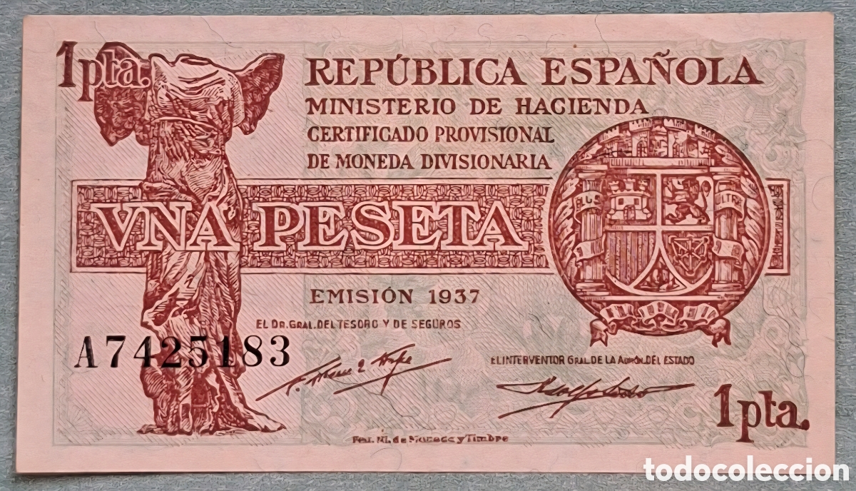 Notas espanholas: Billete de 1 Peseta 1937 - Rep&uacute;blica Espa&ntilde;ola (Guerra Civil) - Serie A - EBC