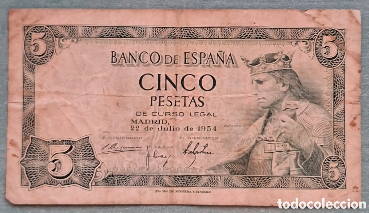 Notas espanholas: Billete de 5 Pesetas 1954 - Alfonso X el Sabio - Serie U - BC+ / MBC-
