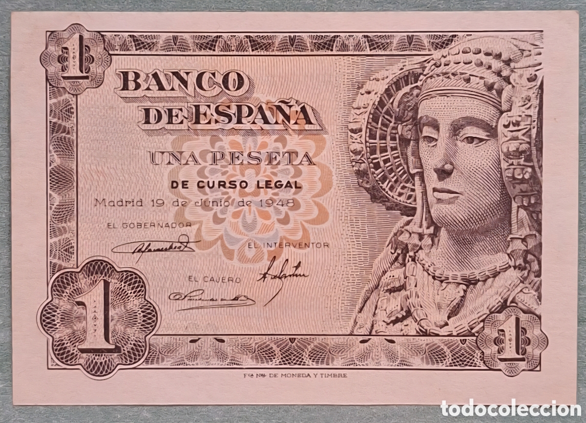 Notas espanholas: Billete de 1 Peseta 1948 - Dama de Elche - Sin Serie - Sin Circular (SC / Plancha)