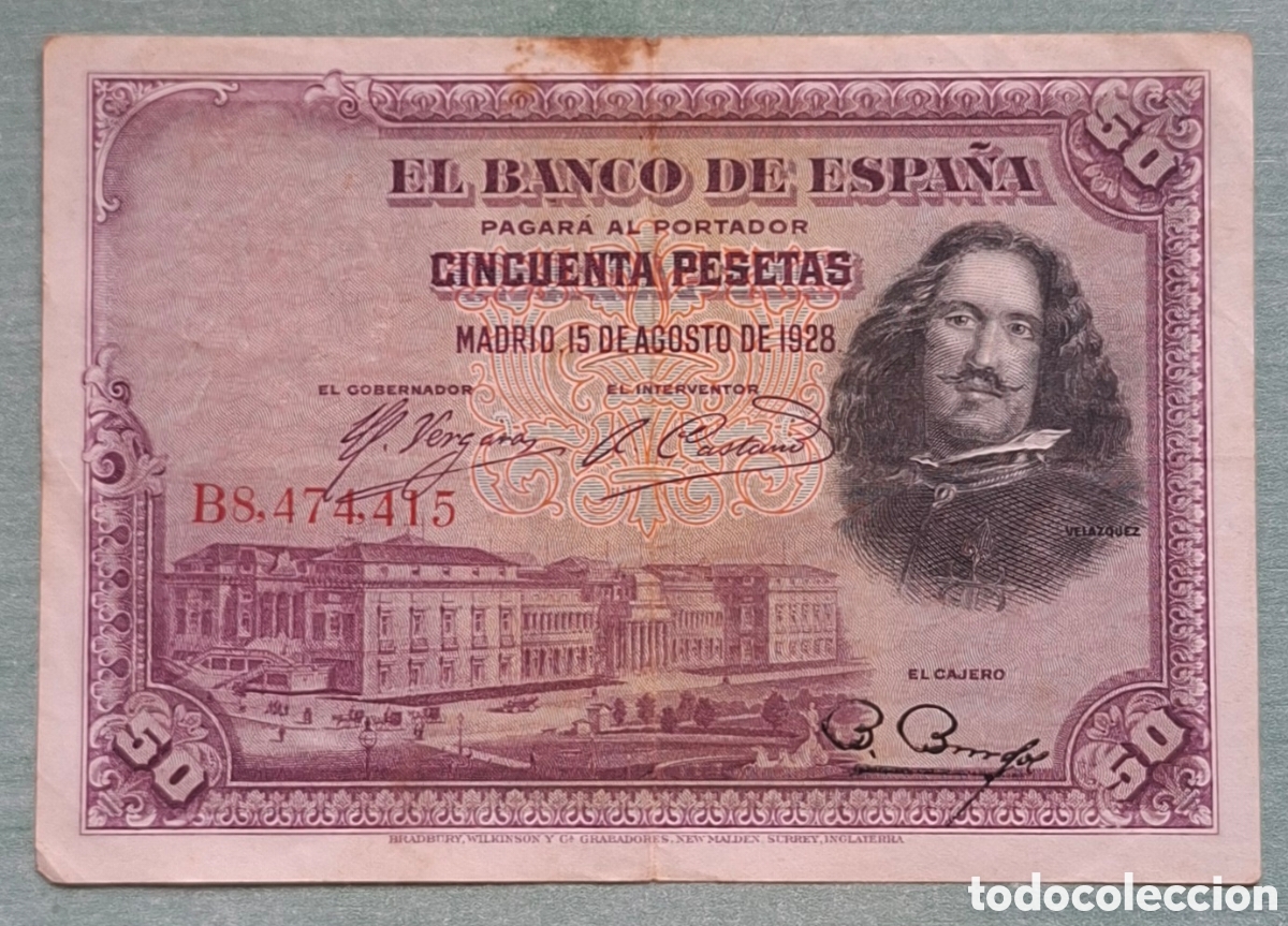 Notas espanholas: Billete de 50 Pesetas 1928 - Diego Vel&aacute;zquez - Serie B8 - MBC- / BC+ (Con manchas de &oacute;xido)