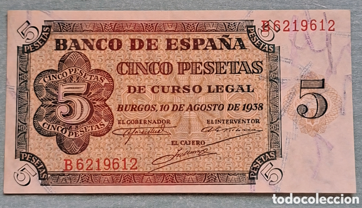 Notas espanholas: Billete de 5 Pesetas 1938 - Burgos (Guerra Civil) - Serie B - EBC / SC (Excelente Estado)