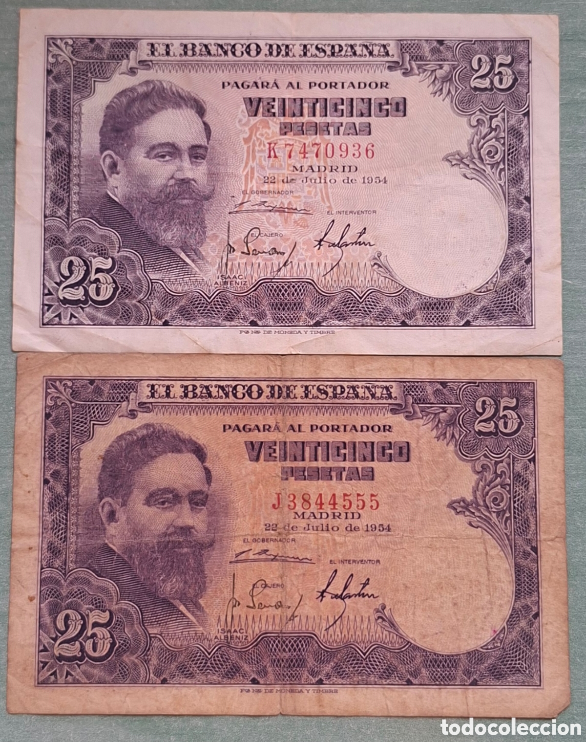 Notas espanholas: Lote de 2 Billetes de 25 Pesetas 1954 - Isaac Alb&eacute;niz - Series K y J - MBC / BC