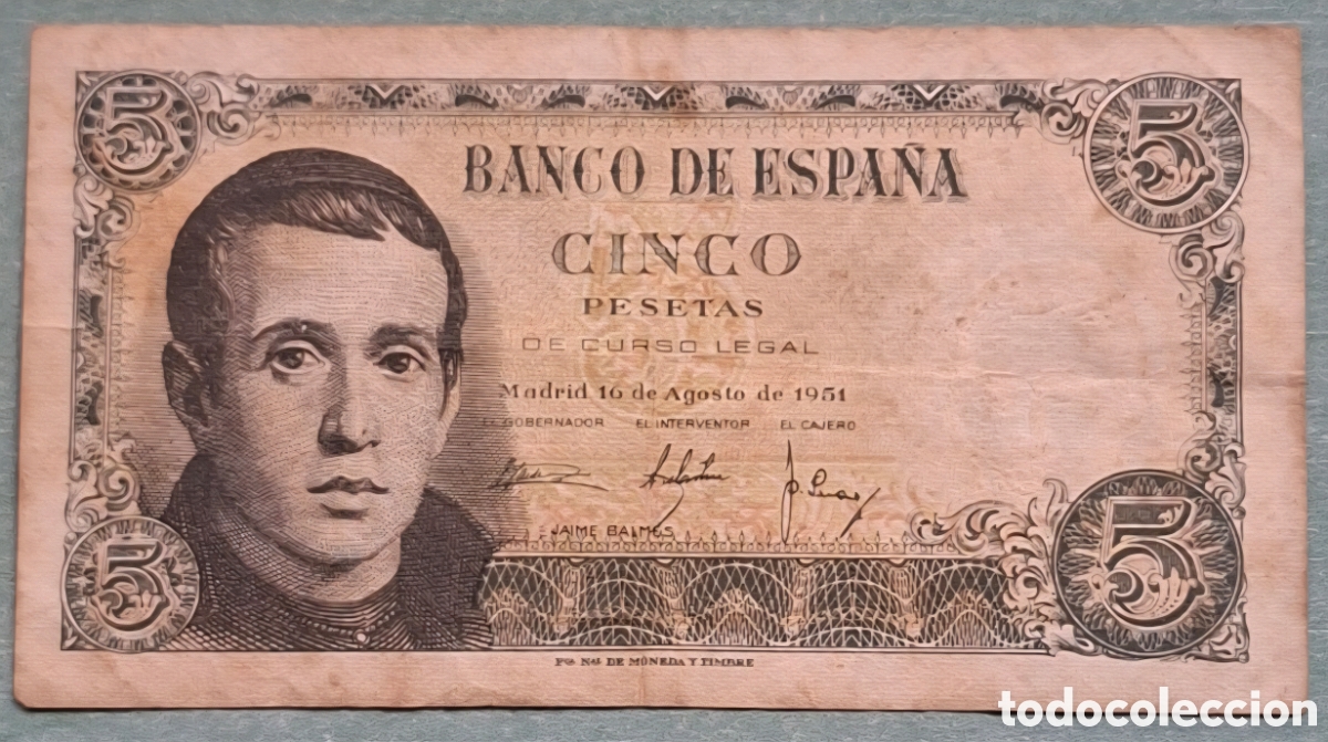 Spanish Banknotes: Billete de 5 Pesetas 1951 - Jaime Balmes - Serie N - MBC- / BC+