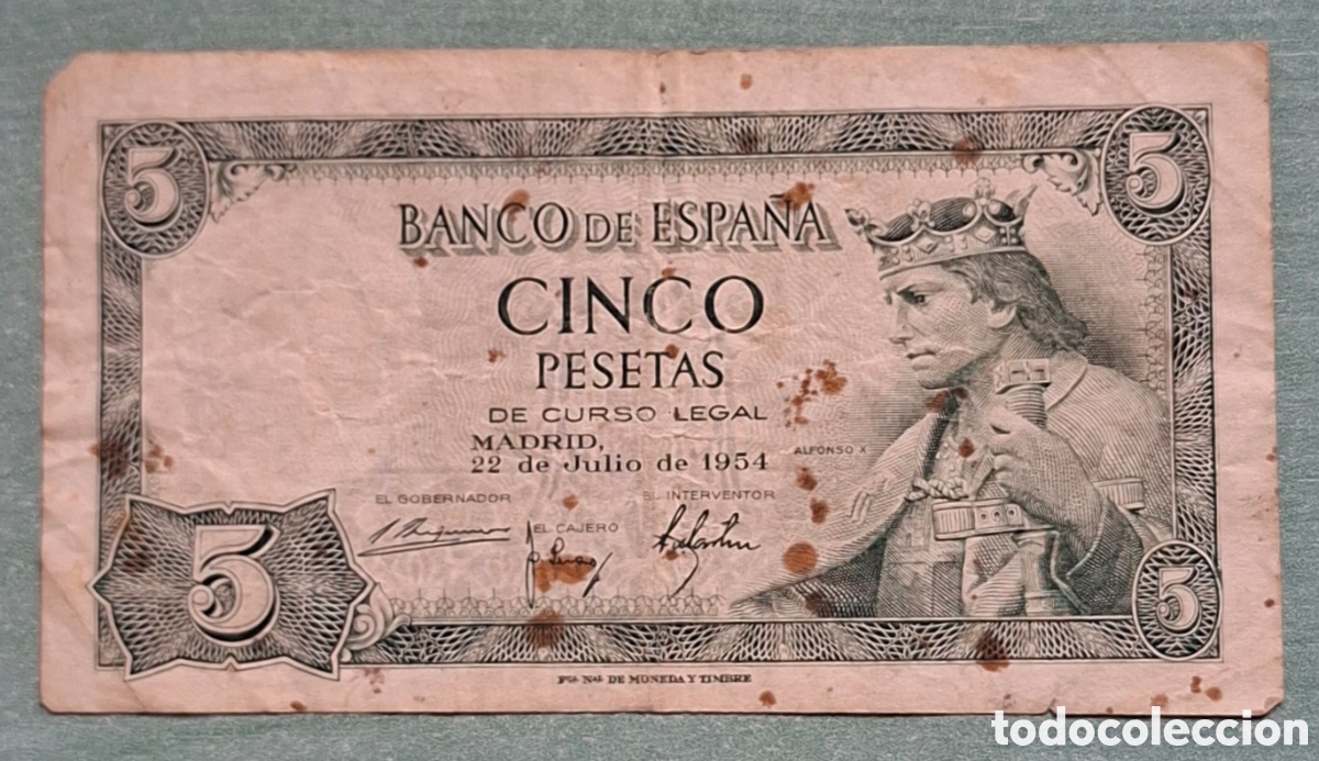 Billetes espa&ntilde;oles: Billete de 5 Pesetas 1954 - Alfonso X el Sabio - Serie R - BC (Con manchas de &oacute;xido marcadas)